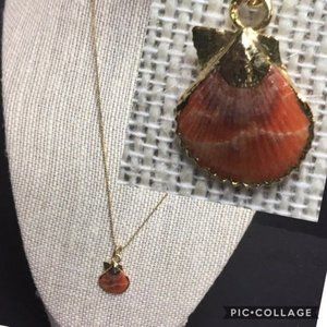 Orange Seashell Pendant Necklace Gold Edge Chain Brown Swirl Retro BoHo Beach